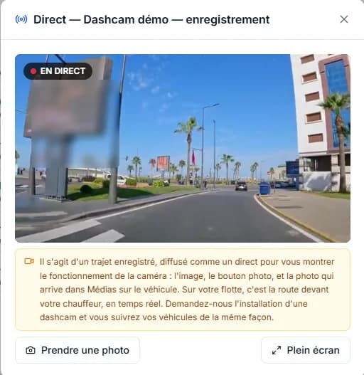 Flux dashcam en direct dans Flotti : vue de la route depuis le véhicule