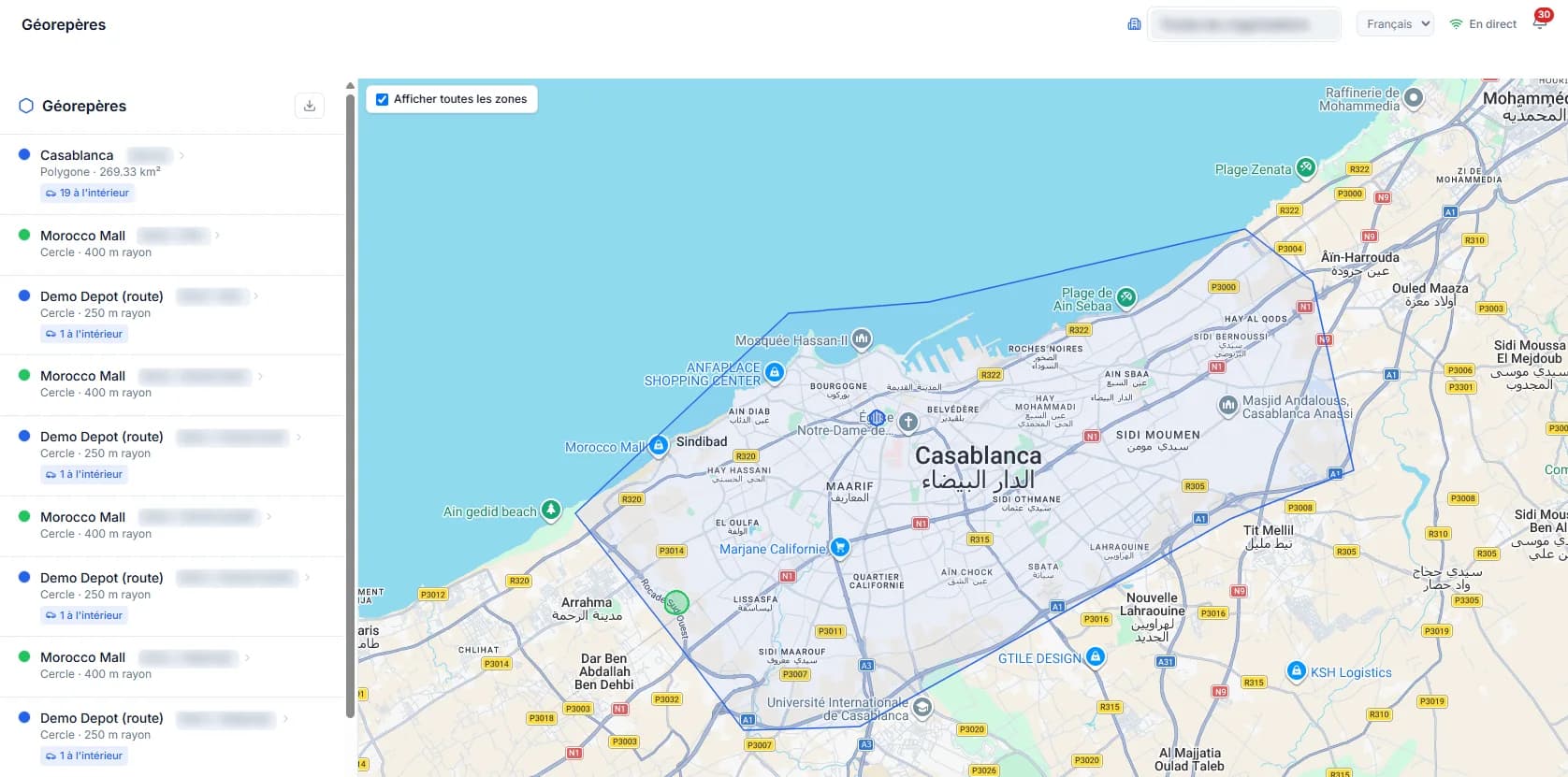Géorepères Flotti : polygone autour de Casablanca et liste des zones avec véhicules à l'intérieur