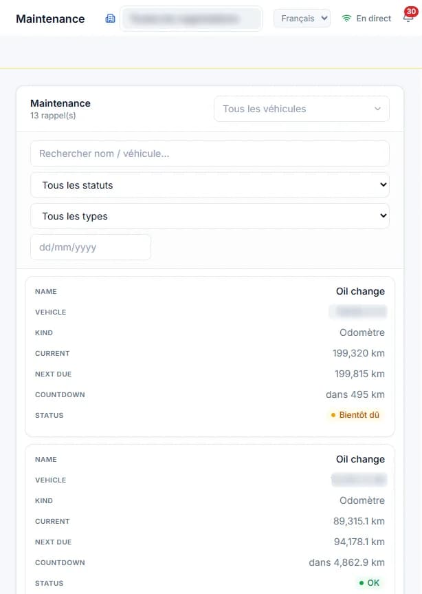 Rappels de maintenance Flotti : vidange au kilométrage réel, échéance, compte à rebours et statut